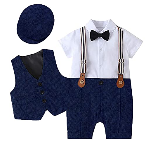 Baby Jungen Smoking Anzug Jumpsuit Gentleman Fliege Kurzarm Strampler Weste Hut 3tlg Bekleidungsset Kleinkinder Taufe Hochzeit Festlich 1. Geburtstag Party Sommer Babykleidung Marineblau 18-24 Monate von FYMNSI