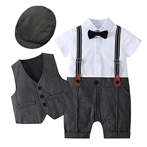 Baby Jungen Smoking Anzug Jumpsuit Gentleman Fliege Kurzarm Strampler Weste Hut 3tlg Bekleidungsset Kleinkinder Taufe Hochzeit Festlich 1. Geburtstag Party Sommer Babykleidung Schwarz 12-18 Monate von FYMNSI