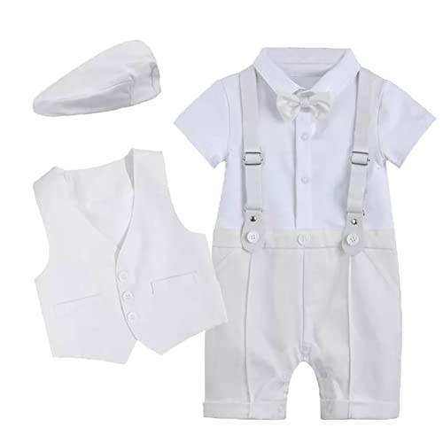 Baby Jungen Taufanzug Smoking Anzug Jumpsuit Gentleman Fliege Kurzarm Strampler Weste Hut 3tlg Bekleidungsset Kleinkinder Taufe Hochzeit 1. Geburtstag Party Sommer Babykleidung Weiß 3-6 Monate von FYMNSI