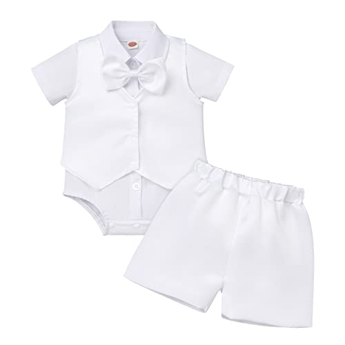 Baby Jungen Taufbekleidung Kleinkind Taufe Anzüge Baumwolle Shirt Kurzarm Body Strampler Weste Shorts Gentleman Fliege Set Formale Geburtstag Party Outfit Sommer Bekleidungsset Weiß 0-6 Monate von FYMNSI