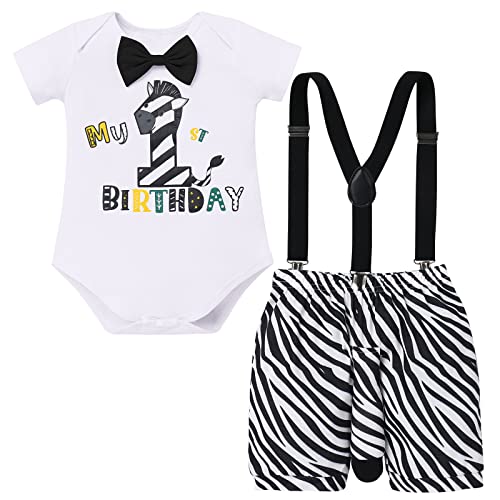 Baby Jungen Zebra Kostüme 1. Geburtstag Outfit Dschungel Waldtier Party Wild One Baumwolle Kurzarm Strampler Body Shorts Kurzes Hose Y-Form Hosenträger Bekleidungsset Ein Jahr Alt Fotoshooting 6-12M von FYMNSI