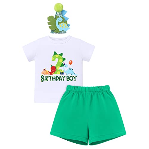 Baby Jungen Zweiter 2. Geburtstag Outfit Dinosaurier Thema 2 Jahre Party Cake Smash Ich Bin 2 Baumwolle Kurzarm T-shirt Top Shorts Stirnband Bekleidungsset Wild One Fotoshooting Sommer Grün 2 Jahre von FYMNSI