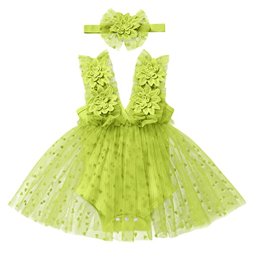 Baby Kleid 1 Geburtstag Mädchen Outfit Taufkleid Prinzessin Tüllrock mit Stirnband Ärmellos Bodykleid Strampler Kleinkinder Partykleid Festkleid Bekleidungssets Neugeborene Fotoshooting Grün 6-12M von FYMNSI