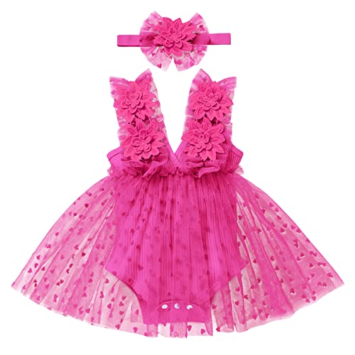 Baby Kleid 1 Geburtstag Mädchen Outfit Taufkleid Prinzessin Tüllrock mit Stirnband Ärmellos Bodykleid Strampler Kleinkinder Partykleid Festkleid Bekleidungssets Neugeborene Fotoshooting Rose 0-6M von FYMNSI