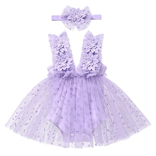 Baby Kleid 1 Geburtstag Mädchen Outfit Taufkleid Prinzessin Tüllrock mit Stirnband Ärmellos Bodykleid Strampler Kleinkinder Partykleid Festkleid Bekleidungssets Neugeborene Fotoshooting Violett 12-18M von FYMNSI