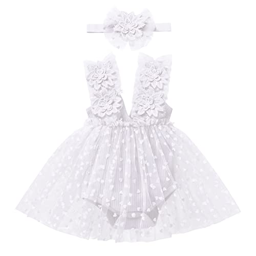 Baby Kleid 1 Geburtstag Mädchen Outfit Taufkleid Prinzessin Tüllrock mit Stirnband Ärmellos Bodykleid Strampler Kleinkinder Partykleid Festkleid Bekleidungssets Neugeborene Fotoshooting Weiß 0-6M von FYMNSI