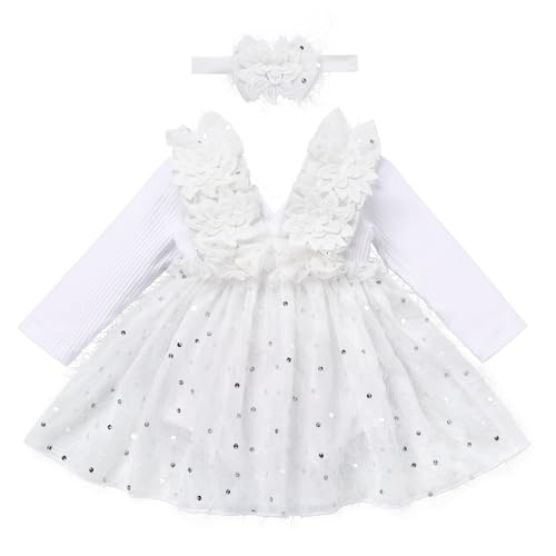 Baby M?dchen 1 Geburtstag Outfit, Herbst Winter Langarmkleid Taufkleid Prinzessin T?llrock mit Stirnband Langarm Bodykleid Kleinkind Partykleid Festkleid Neugeborene Fotoshooting Wei? 18-24 Monate von FYMNSI