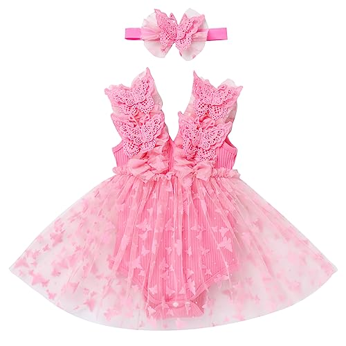 Baby M?dchen 1 Geburtstag Outfit Schmetterling Kleid Taufkleid Prinzessin T?llrock mit Stirnband ?rmellos Bodykleid Kleinkinder Partykleid Festkleid Neugeborene Fotoshooting Sommer Hellrose 0-6M von FYMNSI