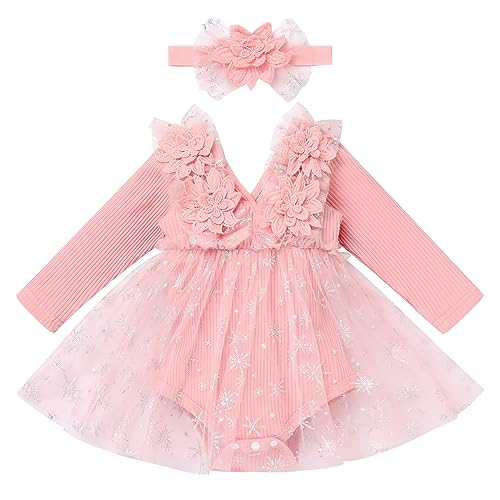Baby M?dchen 1 Geburtstag Outfit Taufkleid Prinzessin T?llrock Langarm Bodykleid Kleinkinder Partykleid V-Ausschnitt Festkleid Herbstkleid Neugeborene Fotoshooting Rosa Schneeflocke 6-12 Monate von FYMNSI