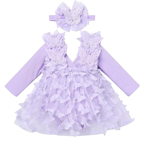 Baby M?dchen 1 Geburtstag Outfit Taufkleid Prinzessin T?llrock Langarm Bodykleid Kleinkinder Partykleid V-Ausschnitt Festkleid Herbstkleid Neugeborene Fotoshooting Violett Schmetterling 0-6 Monate von FYMNSI