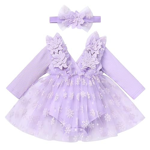 Baby M?dchen 1 Geburtstag Outfit Taufkleid Prinzessin T?llrock Langarm Bodykleid Kleinkinder Partykleid V-Ausschnitt Festkleid Herbstkleid Neugeborene Fotoshooting Violett Schneeflocke 18-24 Monate von FYMNSI