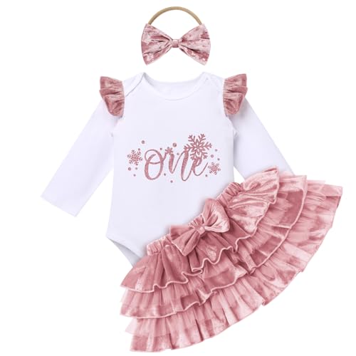 Baby M�dchen 1. Erster Geburtstag Outfit Baumwolle Langarm Strampler Body Prinzessin Samt T�t� Rock Stirnband Set 1 Jahr Geburtstagsparty Kleid Herbst Winter Bekleidung Fotoshooting Dunkelrosa 9-12M von FYMNSI
