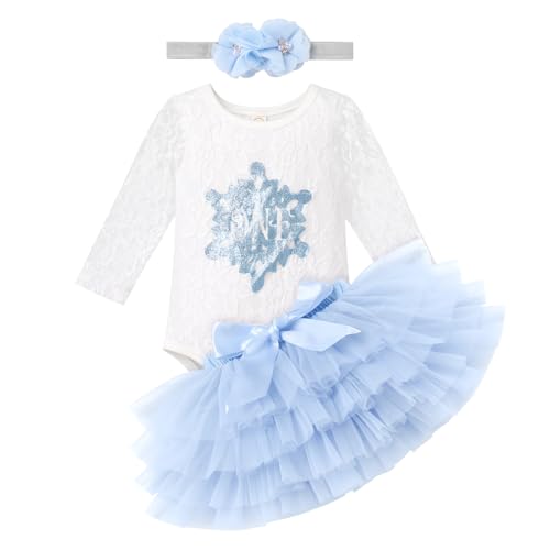 Baby M�dchen 1. Erster Geburtstag Outfit Winter Onederland Schneeflocke Langarm Spitzebody Strampler Prinzessin T�ll T�t� Rock Stirnband Ein Jahr Altes Party Bekleidungsset Fotoshooting Blau 6-12M von FYMNSI