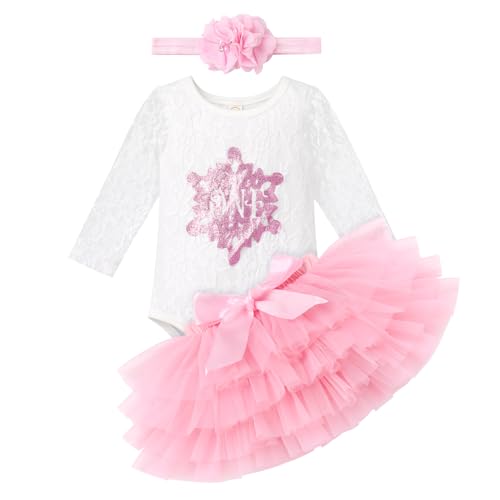 Baby M�dchen 1. Erster Geburtstag Outfit Winter Onederland Schneeflocke Langarm Spitzebody Strampler Prinzessin T�ll T�t� Rock Stirnband Ein Jahr Altes Party Bekleidungsset Fotoshooting Rosa 12-18M von FYMNSI