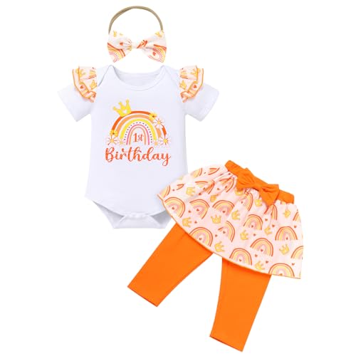 Baby M?dchen 1. Geburtsatg Outfit Baumwolle Kurzarm Strampler Body Langes Hosen Rock Schleife Stirnband 3tlg 1 Jahr Alt Party Casual Fr?hling Sommer Herbst Bekleidungsset Orange Regenbogen 1 Jahr von FYMNSI