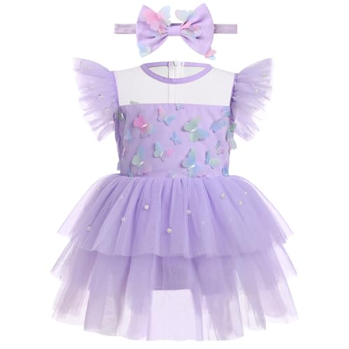Baby M?dchen 1. Geburtstag Outfit, Kleinkinder Prinzessin T?ll Tutu Body Kleid mit Stirnband Neugeborenes Fotoshooting EIN Jahr Alt Partykleid Sommer Festzug Hochzeit Kleidung Lila 6-12 Monate von FYMNSI