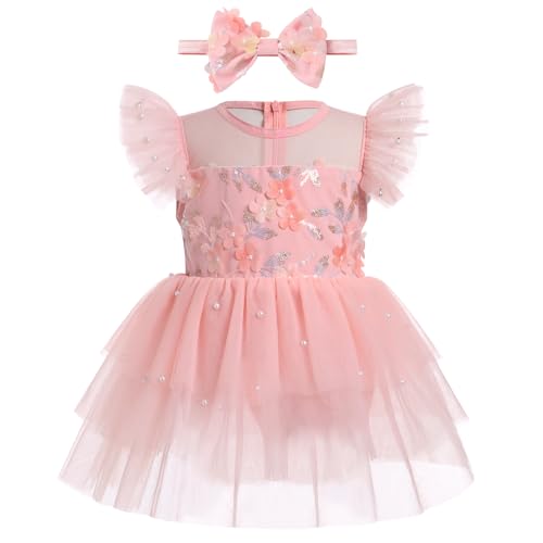Baby M?dchen 1. Geburtstag Outfit, Kleinkinder Prinzessin T?ll Tutu Body Kleid mit Stirnband Neugeborenes Fotoshooting EIN Jahr Alt Partykleid Sommer Festzug Hochzeit Kleidung Rosa 12-18 Monate von FYMNSI
