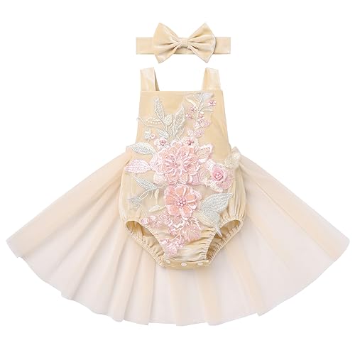 Baby M?dchen 1. Geburtstag Outfit Samt Body Strampler T?ll T?t? Prinzessin Partykleid Stirnband Kleinkinder Weihnachtskleid Es ist Mein Erster Geburtstag Fotoshooting Bekleidungsset Champagner 18-24M von FYMNSI