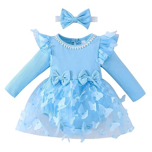 Baby M?dchen 1. Geburtstag Outfit Schmetterling Prinzessin Langarm Bodykleid mit Stirnband Kleinkinder Partykleid Festliches Festkleid Freizeit Herbstkleid Neugeborene Fotoshooting Blau 0-3 Monate von FYMNSI