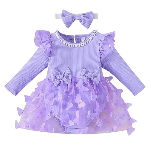 Baby M?dchen 1. Geburtstag Outfit Schmetterling Prinzessin Langarm Bodykleid mit Stirnband Kleinkinder Partykleid Festliches Festkleid Freizeit Herbstkleid Neugeborene Fotoshooting Violett 6-9 Monate von FYMNSI