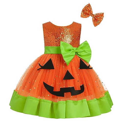 Baby M?dchen Halloween K?rbis Kost?m 1. Geburtstag Partykleid Pailletten T?llkleid ?rmellos Prinzessin Festliches Festkleid Abendkleider Schleife Stirnband Kleinkinder Ballkleid Orange 12-18 Monate von FYMNSI