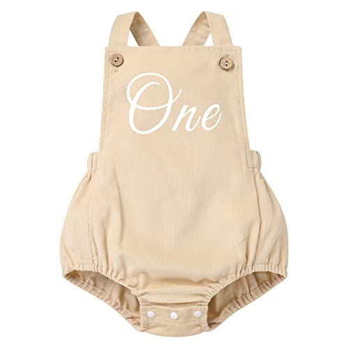 Baby M?dchen Jungen 1. Erster Geburtstag Outfit Cord Bubble Strampler Knopf Tr?ger R?ckenfrei Body L?tzchen Overall Jumpsuit Playsuit Ein Jahr alt Party Fotoshooting Freizeitkleidung Beige 12-18M von FYMNSI