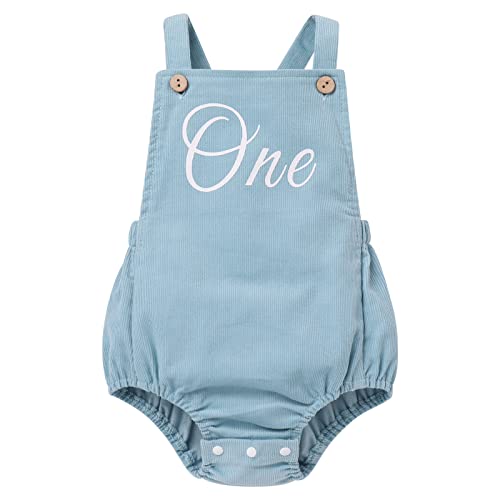 Baby M?dchen Jungen 1. Erster Geburtstag Outfit Cord Bubble Strampler Knopf Tr?ger R?ckenfrei Body L?tzchen Overall Jumpsuit Playsuit Ein Jahr alt Party Fotoshooting Freizeitkleidung Blau 12-18 Monate von FYMNSI