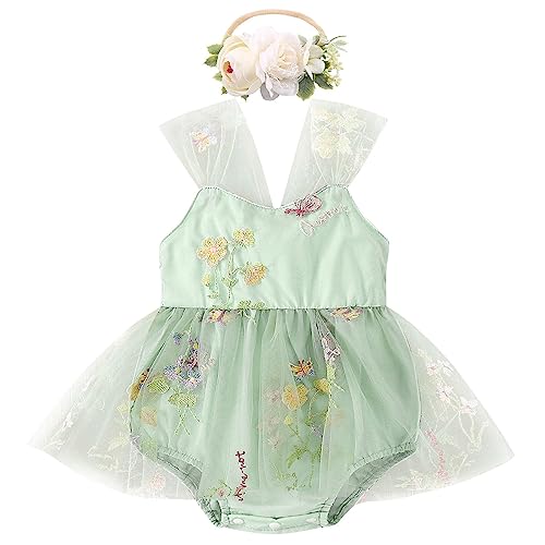 Baby M?dchen Taufkleid 1. Geburtstag Outfit Blumen Stickerei ?rmellos Bodykleid Party Feenkleid Strampler Prinzessin T?ll Festliches Festkleid Neugeborene Fotoshooting Gr?n + Stirnband 0-3 Monate von FYMNSI