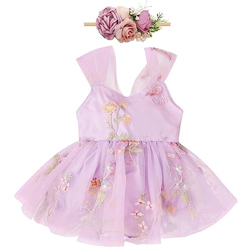 Baby M?dchen Taufkleid 1. Geburtstag Outfit Blumen Stickerei ?rmellos Bodykleid Party Feenkleid Strampler Prinzessin T?ll Festliches Festkleid Neugeborene Fotoshooting Violett + Stirnband 6-9 Monate von FYMNSI