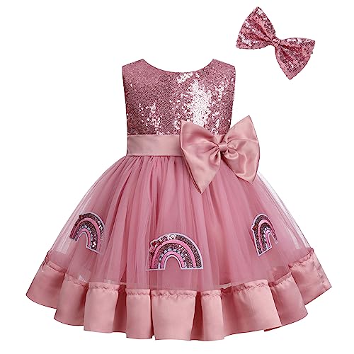 Baby M?dchen Taufkleid 1. Geburtstag Partykleid Boho Regenbogen Sommerkleid R?cken V-Ausschnitt Schleife T?llkleid Pailletten ?rmellos Prinzessin Kleid Abendkleid Festkleider Dunkelrosa 18-24 Monate von FYMNSI