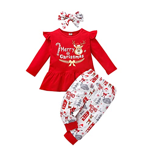 Baby M?dchen Weihnachtsoutfit S?ugling Kleinkinder Mein erstes 1. Weihnachten Party Kleidung Rentier Weihnachtsmann Druck Baumwolle Langarm Top Shirt Hose Stirnband Bekleidungsset Rot 6-12 Monate von FYMNSI