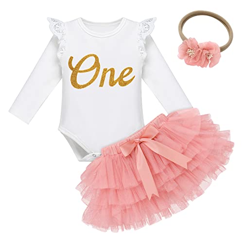 Baby Mädchen 1. Erster Geburtstag Fotoshooting Outfit Langarm Body Strampler Shirt Prinzessin Tüll Tütü Rock Blumen Stirnband 3tlg Bekleidungsset Ein Jahr Altes Partykleid Herbstkleid Rosa 12-18M von FYMNSI