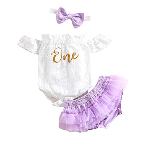 Baby Mädchen 1. Erster Geburtstag Fotoshooting Outfit Schulterfrei Spitzebody Strampler Prinzessin Tüll Tütü Rock Kurzes Shorts Blumen Stirnband 3tlg Ein Jahr Altes Bekleidungsset Violett 12-18 Monate von FYMNSI