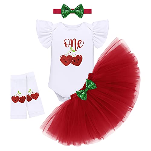 Baby Mädchen 1. Erster Geburtstag Outfit 1 Jahr Party Fotoshooting Kleidung Kirsche Druck Baumwolle Kurzarm Strampler Tüll Tütü Rock Pailletten Stirnband Beinwärmer Set Sommer Bekleidungsset Rot One von FYMNSI