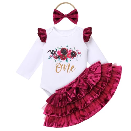 Baby M�dchen 1. Erster Geburtstag Outfit Baumwolle Langarm Strampler Body Prinzessin Samt T�t� Rock Stirnband Set 1 Jahr Geburtstagsparty Kleid Herbst Winter Bekleidung Fotoshooting Weinrot 12-18M von FYMNSI