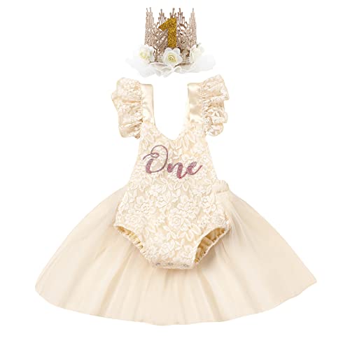 Baby Mädchen 1. Geburtstag Fotoshooting Outfit Spitze Body Strampler Tüll Tütü Prinzessin Partykleid mit Stirnband Kleinkinder Es ist Mein Erster Geburtstag Party Bekleidungsset Aprikose 12-18 Monate von FYMNSI