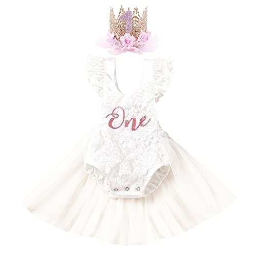 Baby Mädchen 1. Geburtstag Fotoshooting Outfit Spitze Body Strampler Tüll Tütü Prinzessin Partykleid mit Stirnband Kleinkinder Es ist Mein Erster Geburtstag Party Bekleidungsset Weiß 9-12 Monate von FYMNSI