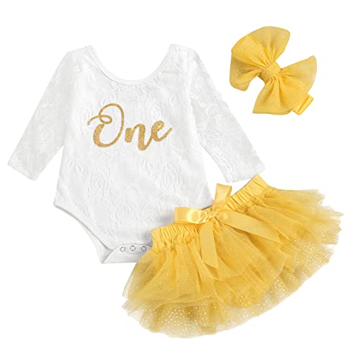 Baby Mädchen 1. Geburtstag Fotoshooting Outfit Spitze Langarm Body Strampler Tüll Tütü Rock Stirnband Prinzessin Partykleid Kleinkinder Es ist Mein Erster Geburtstag Bekleidungsset Gelb 9-12 Monate von FYMNSI