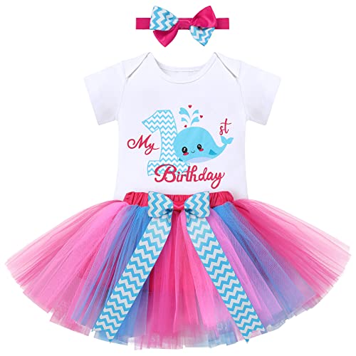 Baby Mädchen 1. Geburtstag Kleid Säugling Erster 1 Jahr Geburtstagsoutfit Ozean Party Wal Kostüm Kurzarm Body Strampler Prinzessin Tütü Tüll Rock Stirnband Fotoshooting Bekleidungsset Rose Blau - Wal von FYMNSI