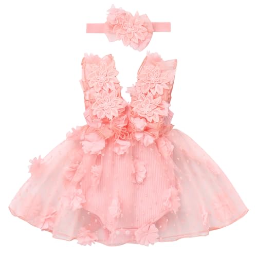 Baby Mädchen 1. Geburtstag Outfit Ärmellos Bodykleid Taufkleid Prinzessin Tüllrock mit Stirnband Strampler Kleinkinder Partykleid Festkleid Sommerkleid Neugeborene Fotoshooting Garnele Rosa 6-12M von FYMNSI