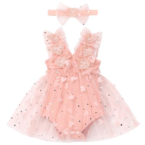 Baby Mädchen 1. Geburtstag Outfit Ärmellos Bodykleid Taufkleid Prinzessin Tüllrock mit Stirnband Strampler Kleinkinder Partykleid Festkleid Sommerkleid Neugeborene Fotoshooting Hellrosa Herz 0-6M von FYMNSI