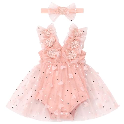 Baby Mädchen 1. Geburtstag Outfit Ärmellos Bodykleid Taufkleid Prinzessin Tüllrock mit Stirnband Strampler Kleinkinder Partykleid Festkleid Sommerkleid Neugeborene Fotoshooting Hellrosa Herz 6-12M von FYMNSI