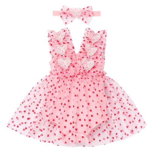 Baby Mädchen 1. Geburtstag Outfit Ärmellos Bodykleid Taufkleid Prinzessin Tüllrock mit Stirnband Strampler Kleinkinder Partykleid Festkleid Sommerkleid Neugeborene Fotoshooting Rosa Herz 18-24M von FYMNSI