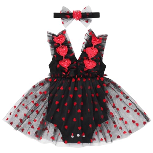 Baby Mädchen 1. Geburtstag Outfit Ärmellos Bodykleid Taufkleid Prinzessin Tüllrock mit Stirnband Strampler Kleinkinder Partykleid Festkleid Sommerkleid Neugeborene Fotoshooting Schwarz 0-6 Monate von FYMNSI