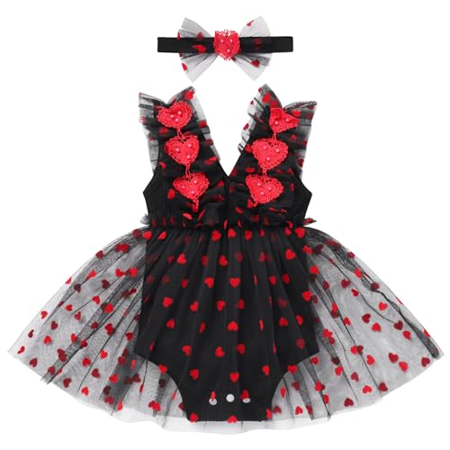 Baby Mädchen 1. Geburtstag Outfit Ärmellos Bodykleid Taufkleid Prinzessin Tüllrock mit Stirnband Strampler Kleinkinder Partykleid Festkleid Sommerkleid Neugeborene Fotoshooting Schwarz 12-18 Monate von FYMNSI