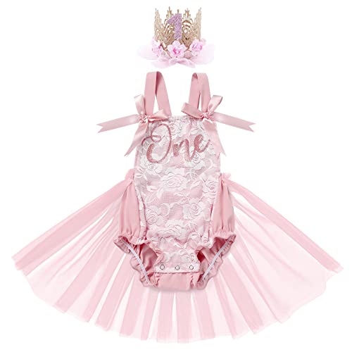 Baby Mädchen 1. Geburtstag Outfit Fotoshooting Kostüm Spitzenbody Strampler Tüll Tütü Prinzessin Partykleid mit Stirnband Kleinkinder Sommerkleid Taufkleid Festkleid Bekleidungsset Dunkelrosa 12-18M von FYMNSI