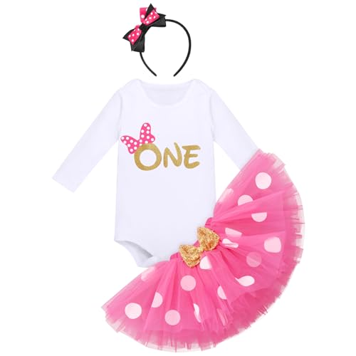 Baby Mädchen 1. Geburtstag Outfit Maus Kostüm Baumwolle Langarm Body Strampler Prinzessin Gepunktet Tütü Tüll Rock Stirnband 1 Jahr Party Herbst Winter Bekleidungsset Fotoshooting Rose - One 1 Jahr von FYMNSI