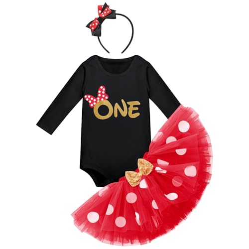 Baby Mädchen 1. Geburtstag Outfit Maus Kostüm Baumwolle Langarm Body Strampler Prinzessin Gepunktet Tütü Tüll Rock Stirnband 1 Jahr Party Herbst Winter Bekleidungsset Fotoshooting Schwarz - One 1 Jahr von FYMNSI