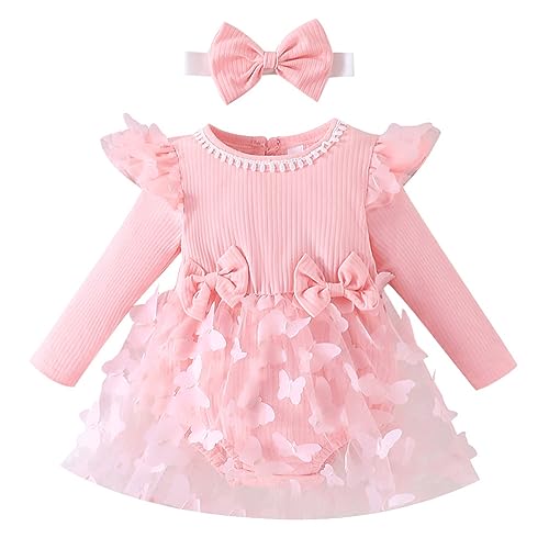 Baby M?dchen 1. Geburtstag Outfit Schmetterling Prinzessin Langarm Bodykleid mit Stirnband Kleinkinder Partykleid Festliches Festkleid Freizeit Herbstkleid Neugeborene Fotoshooting Rosa 0-3 Monate von FYMNSI