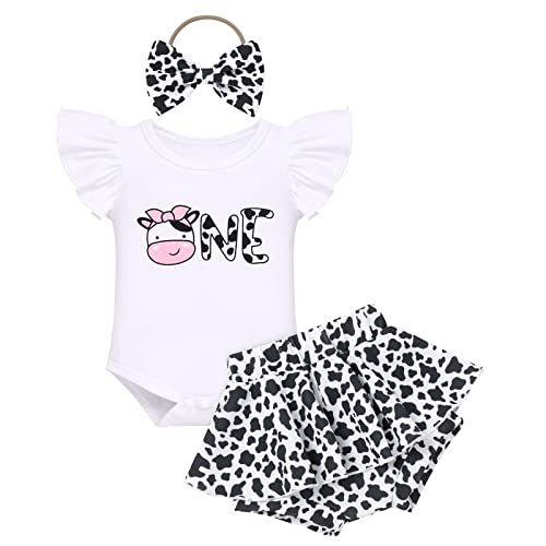 Baby Mädchen 1. Geburtstag Outfit Sommer Prinzessin Baumwolle Kurzarm Strampler Body Milchkuh Druck Shorts Rock Schleife Stirnband Bekleidungsset Erstes Geburtstagsfeier Set Milchkuh 12-18 Monate von FYMNSI